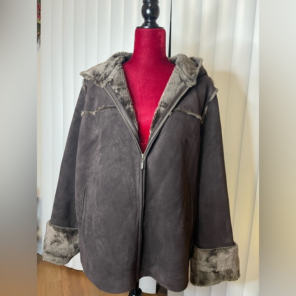 Valerie Steven’s Super Suede(Faux) Hooded & Faux Fur Lined Jacket Size XL EUC - Picture 4 of 8